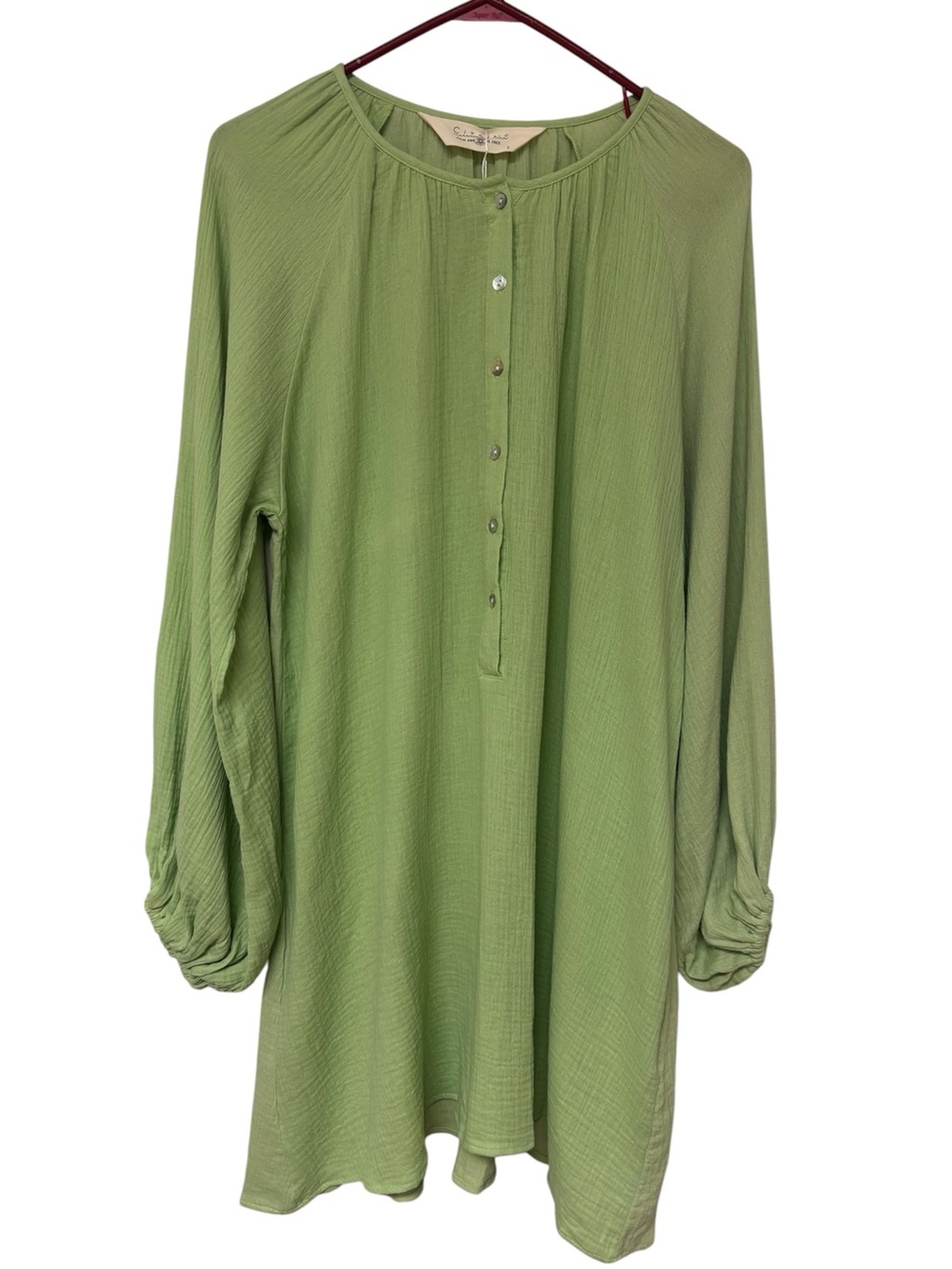 Citrine Dress Green Flowy Tunic Boho Cover Up Feminine Button Front L